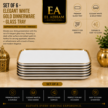 Set of 6 - Elegant White Gold Dinnerware - Glass Tray 14.17" x 7.48" x 1.26"