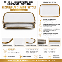 Set of 6 - Elegant White Gold Dinnerware - Glass Tray 9.65" x 6.3" x 0.98"