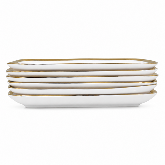 Set of 6 - Elegant White Gold Dinnerware - Glass Tray 9.65" x 6.3" x 0.98"