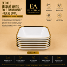 Set of 6 - Elegant White Gold Dinnerware - Glass Bowl 8.82" x 3.07"