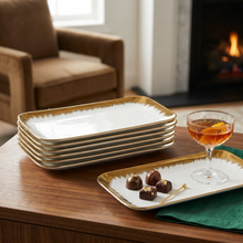 Set of 6 - Elegant White Gold Brushstroke Dinnerware - Glass Tray 14.17" x 7.48" x 1.26"