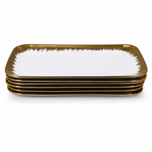 Set of 6 - Elegant White Gold Brushstroke Dinnerware - Glass Tray 14.17" x 7.48" x 1.26"