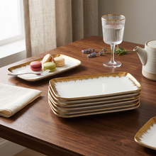 Set of 6 - Elegant White Gold Brushstroke Dinnerware - Glass Tray 9.65" x 6.3" x 0.98"