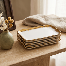Set of 6 - Elegant White Gold Brushstroke Dinnerware - Glass Tray 9.65" x 6.3" x 0.98"