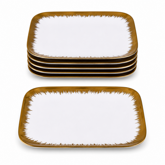 Set of 6 - Elegant White Gold Brushstroke Dinnerware - Glass Dish 10.04" x 0.71"