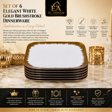 Set of 6 - Elegant White Gold Brushstroke Dinnerware- Glass Dish 8.27" x 0.71"