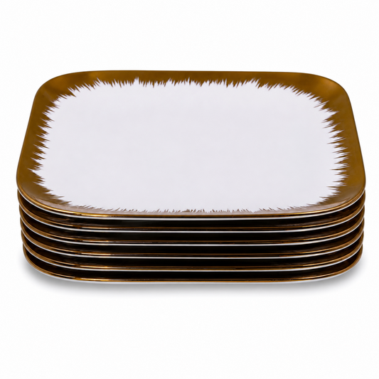 Set of 6 - Elegant White Gold Brushstroke Dinnerware- Glass Dish 8.27" x 0.71"