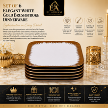 Set of 6 - Elegant White Gold Brushstroke Dinnerware - Glass Dish 5.91" x 0.59"