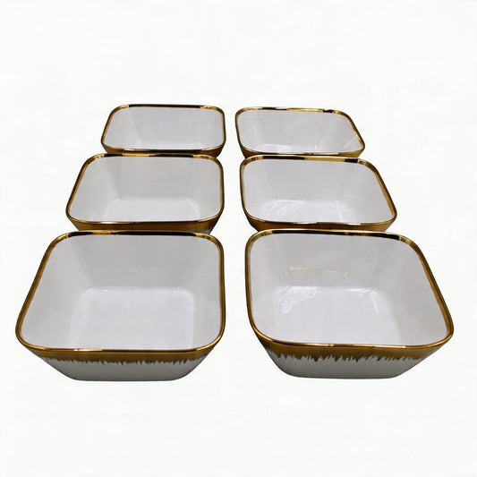 Set of 6 - Elegant White Gold Brushstroke Dinnerware - Glass Bowl 8.82" x 3.07"