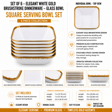 Set of 6 - Elegant White Gold Brushstroke Dinnerware - Glass Bowl 7.01" x 2.56"