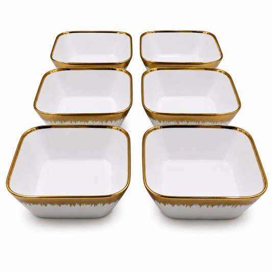 Set of 6 - Elegant White Gold Brushstroke Dinnerware - Glass Bowl 7.01" x 2.56"