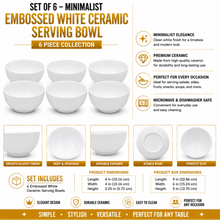 Set of 6 - Minimalist Embossed White Ceramic Serving Bowl