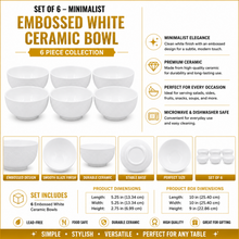 Set of 6 - Minimalist Embossed White Ceramic Bowl - 5.12" x 2.76"