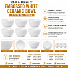 Set of 6 - Minimalist Embossed White Ceramic Bowl - 7.09" x 3.54"