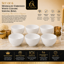Set of 6 - Minimalist Embossed White Ceramic Bowl - 7.09" x 3.54"