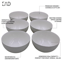 Set of 6 - Minimalist Embossed White Ceramic Bowl - 7.09" x 3.54"