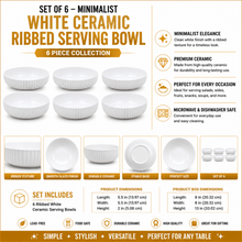 Set of 6 - Minimalist White Ceramic Ribbed Serving Bowl - 5.51" x 1.77"