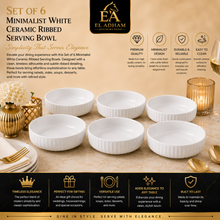 Set of 6 - Minimalist White Ceramic Ribbed Serving Bowl - 5.51" x 1.77"