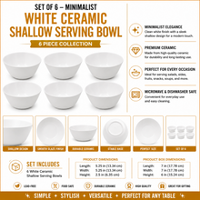 Set of 6 - Minimalist White Ceramic Shallow Serving Bowl - 5.31" x 2.36"