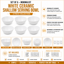 Set of 6 - Minimalist White Ceramic Deep Serving Bowl - 6.3" x 2.76"