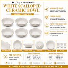 Set of 6 - Minimalist White Scalloped Ceramic Bowl - 6.89" x 2.17"