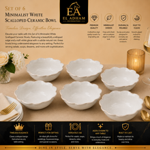 Set of 6 - Minimalist White Scalloped Ceramic Bowl - 6.89" x 2.17"