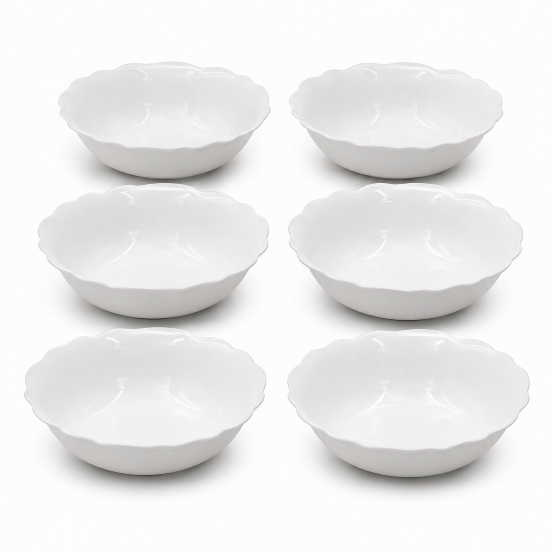 Set of 6 - Minimalist White Scalloped Ceramic Bowl - 6.89" x 2.17"