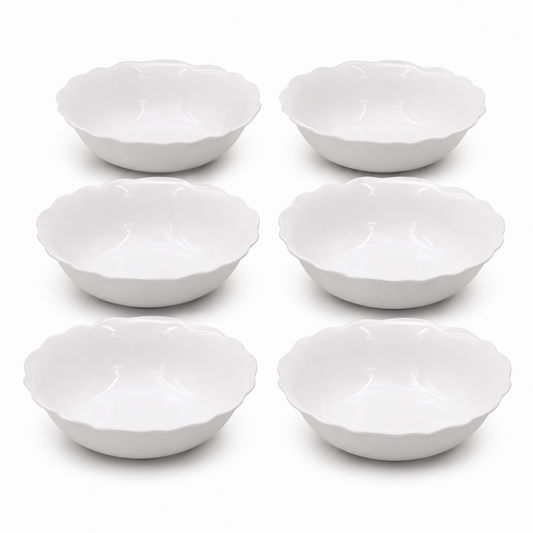 Set of 6 - Minimalist White Scalloped Ceramic Bowl - 6.89" x 2.17"