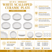 Set of 6 - Minimalist White Scalloped Ceramic Plate - 8.46" x 1.38"