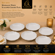 Set of 6 - Minimalist White Scalloped Ceramic Plate - 8.46" x 1.38"