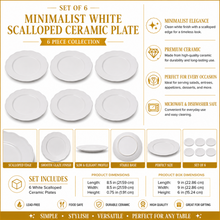 Set of 6 - Minimalist White Scalloped Ceramic Serving Plate - 8.66" x 0.79"