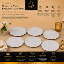 Set of 6 - Minimalist White Scalloped Ceramic Serving Plate - 8.66" x 0.79"