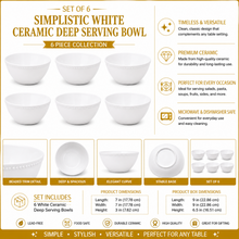 Set of 6 - Simplistic White Ceramic Deep Serving Bowl - 6.89" x 2.76"
