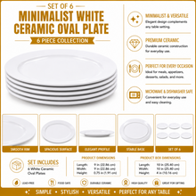 Set of 6 - Minimalist White Ceramic Oval Plate - 8.86" x 0.79"