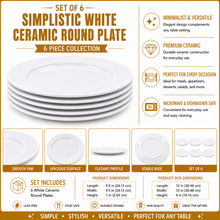 Simplistic White Ceramic Round Plate - 9.65" x 0.98" -Set of 6