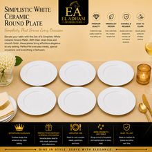 Simplistic White Ceramic Round Plate - 9.65" x 0.98" -Set of 6