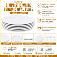 Set of 6 - Simplistic White Ceramic Oval Plate - 10.43" x 1.18"