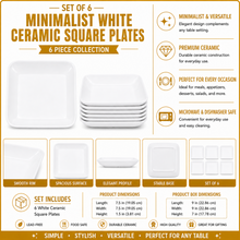 Set of 6 - Minimalist White Ceramic Square Plates - 7.8" x 1.57"
