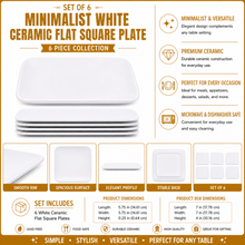 Set of 6 - Minimalist White Ceramic Flat Square Plate - 5.91" x 0.59"