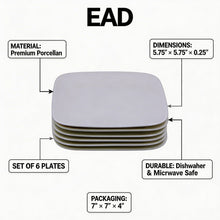 Set of 6 - Minimalist White Ceramic Flat Square Plate - 5.91" x 0.59"