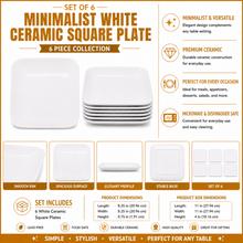 Set of 6 - Minimalist White Ceramic Square Plate - 8.27" x 0.71"