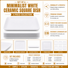 Set of 6 - Minimalist White Ceramic Square Dish - 9.84" x 0.71"