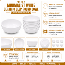 Set of 6 - Minimalist White Ceramic Deep Round Bowl - 6.89" x 2.56"