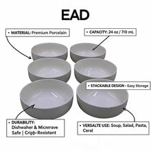 Set of 6 - Minimalist White Ceramic Deep Round Bowl - 6.89" x 2.56"
