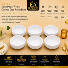 Set of 6 - Minimalist White Ceramic Deep Round Bowl - 6.89" x 2.56"