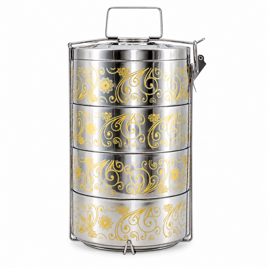 Gold Pattern Stainless Steel 4-Tier Food Carrier Tiffin - 9" x 7.75" x 15.5"