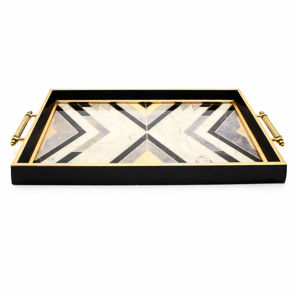 Black & Gold Geometric Wooden Serving Tray with Handles