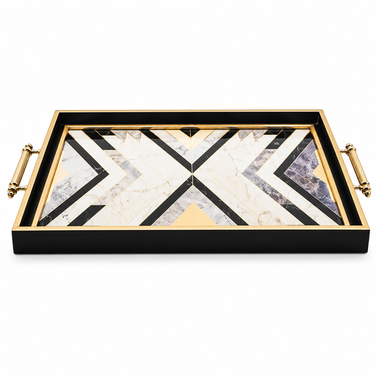 Black & Gold Geometric Wooden Serving Tray with Handles