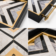 Black & Gold Geometric Wooden Serving Tray with HandlesBlack & Gold Geometric Wooden Serving Tray with Handles – Marble-Look Decorative Rectangular Tray, 19 x 12 in