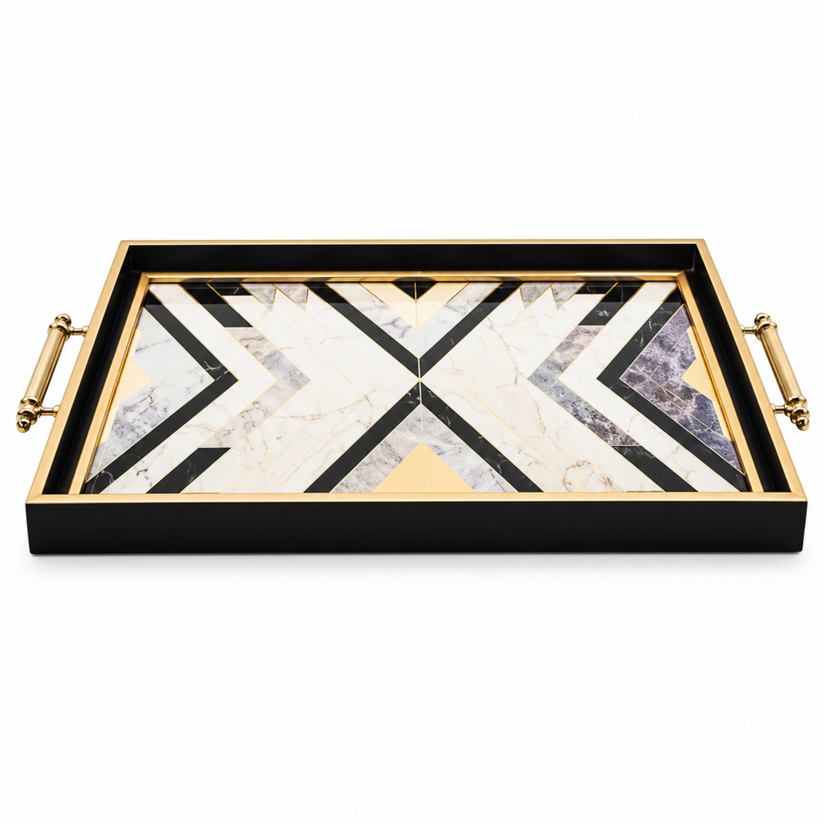 Black & Gold Geometric Wooden Serving Tray with HandlesBlack & Gold Geometric Wooden Serving Tray with Handles – Marble-Look Decorative Rectangular Tray, 19 x 12 in